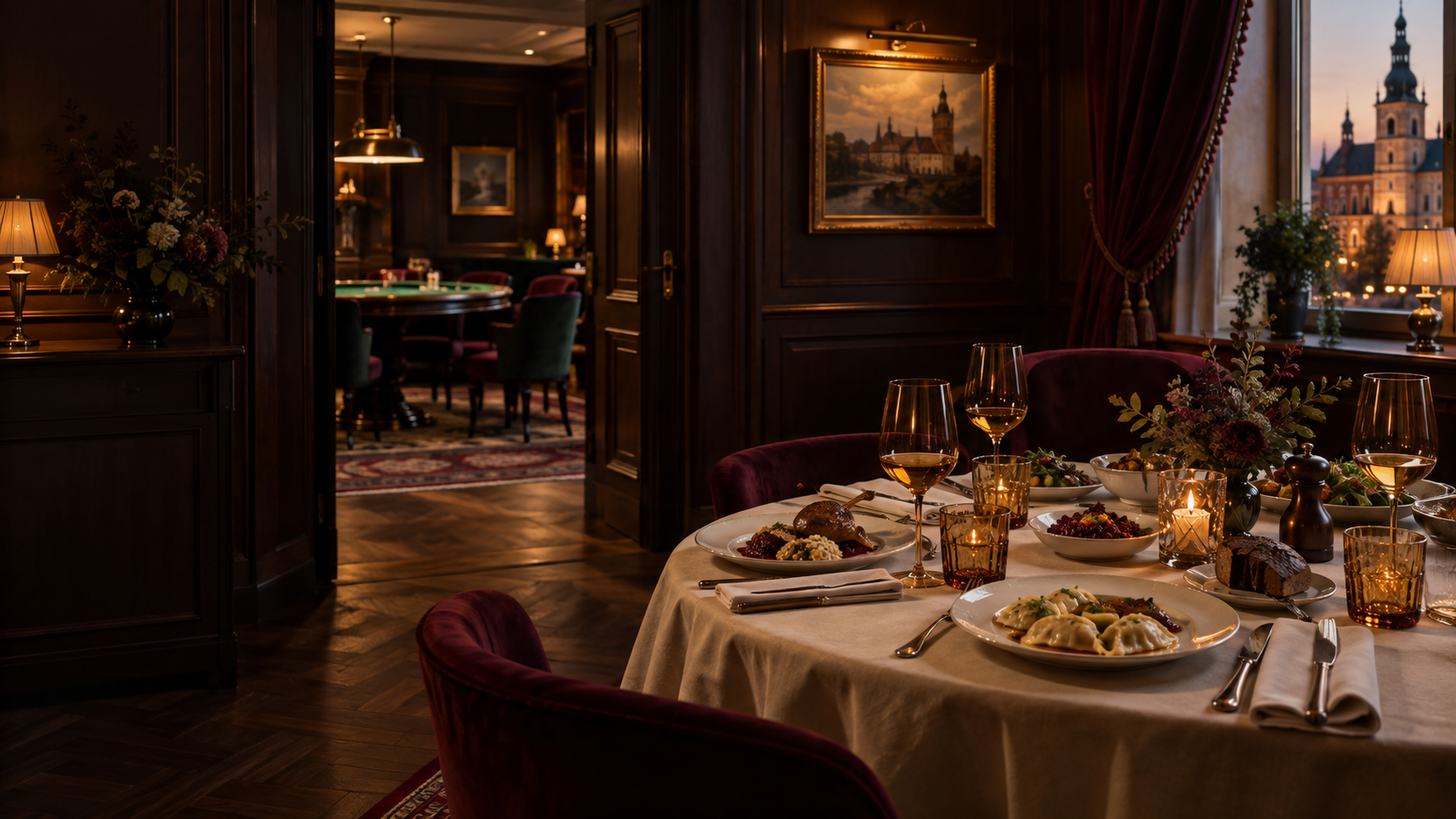 Wieczorna sala restauracji Stół Royale